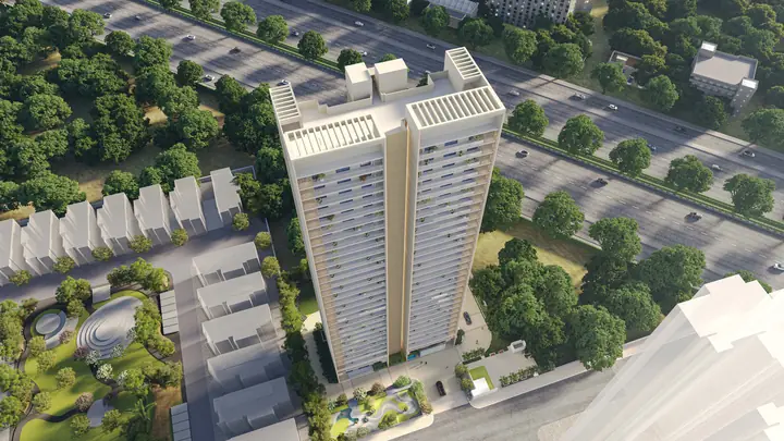 Aerial view of landscaped Experion residential tower and greens