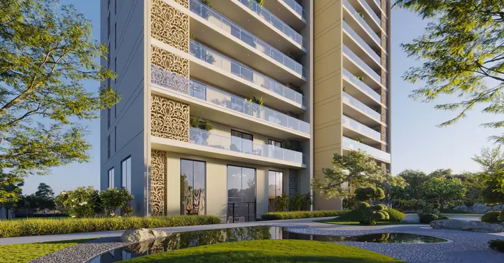 Experion premium residences facade with landscaped water garden